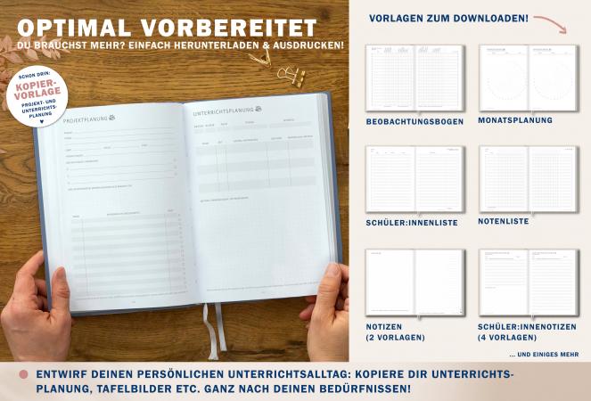 Lehrerkalender für Schuljahr 2024 2025, blau rosa, mit Stundenplan, Klassenlisten, Kontaktlisten, Klassenarbeiten Planung, Vertretungsstunden, u.v.m.